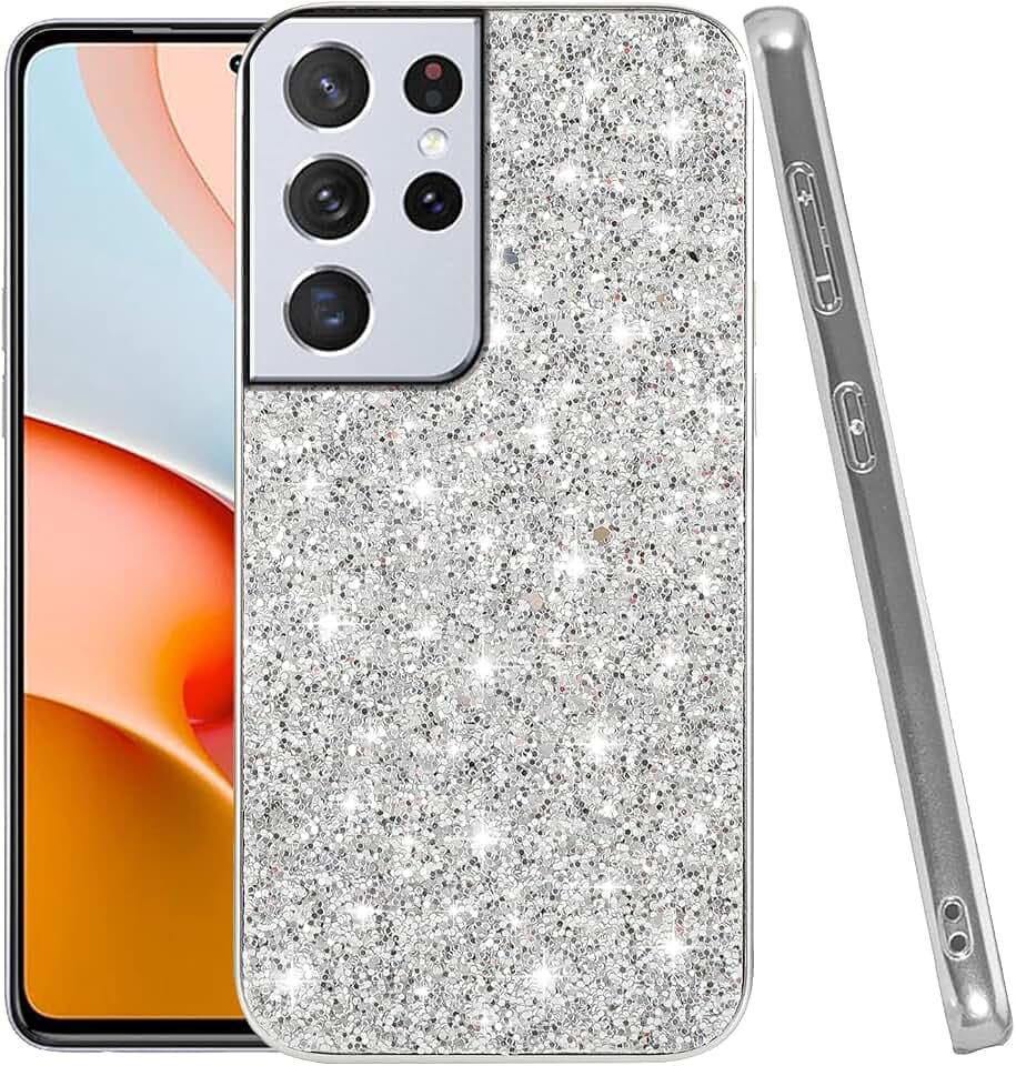 für Samsung S21 Ultra Hülle Silikon Glitzer Dünn |Handyhülle für Samsung Galaxy S21 Ultra Stoßfeste Stoßfeste Dünn Full Body Case Kratzfest Anti Rutsch (Silber-)