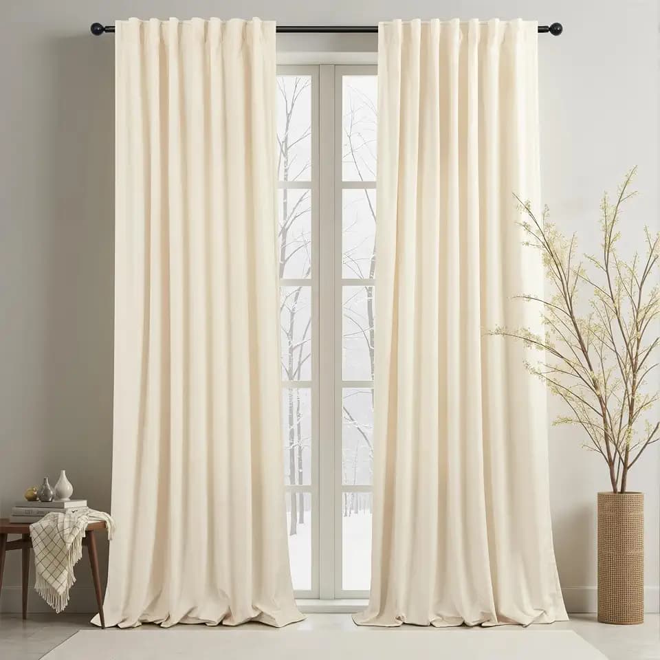 Cream Beige Velvet Curtain 84 Inch Length 2 Panel Back Tab Pocket Solid Soft Textured Luxury Drape Sound Reducing Light Filtering Thermal Insulated Living Room Darkening Curtain for Bedroom 52x84 Long