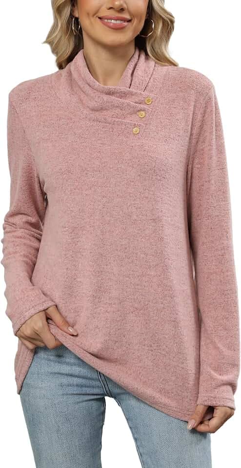 Famulily Tunika-Sweatshirts für Damen, langärmelig, Wasserfallkragen, Pullover mit Knöpfen, weich, locker geschnitten, Pullover, Hemd, Tops