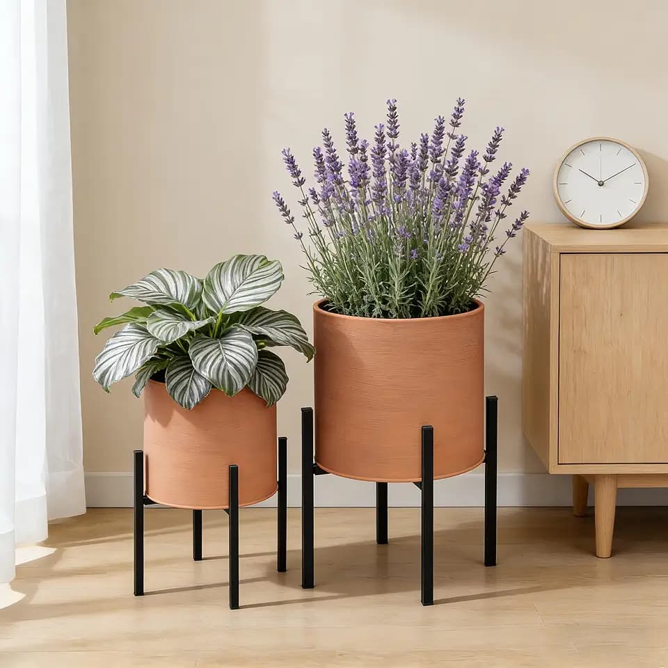 ARNIS Modern Plant Pots, Large Planters with Stand, Set of 2 Decorative Planters, Metal Pots with Drainage Holes for Living Room, Office, Garden or Balcony, 10.5 &12.25 Inch, Terracotta