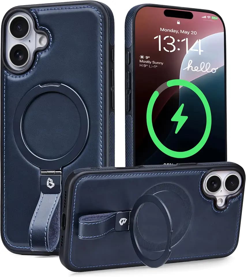 Butaiga for iPhone 17 Case Leather Strap with Ring Stand, Blue