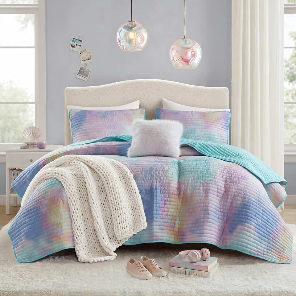 Intelligent Design Boho Watercolor Tie Dye Aqua Queen Quilt Set, 4pc