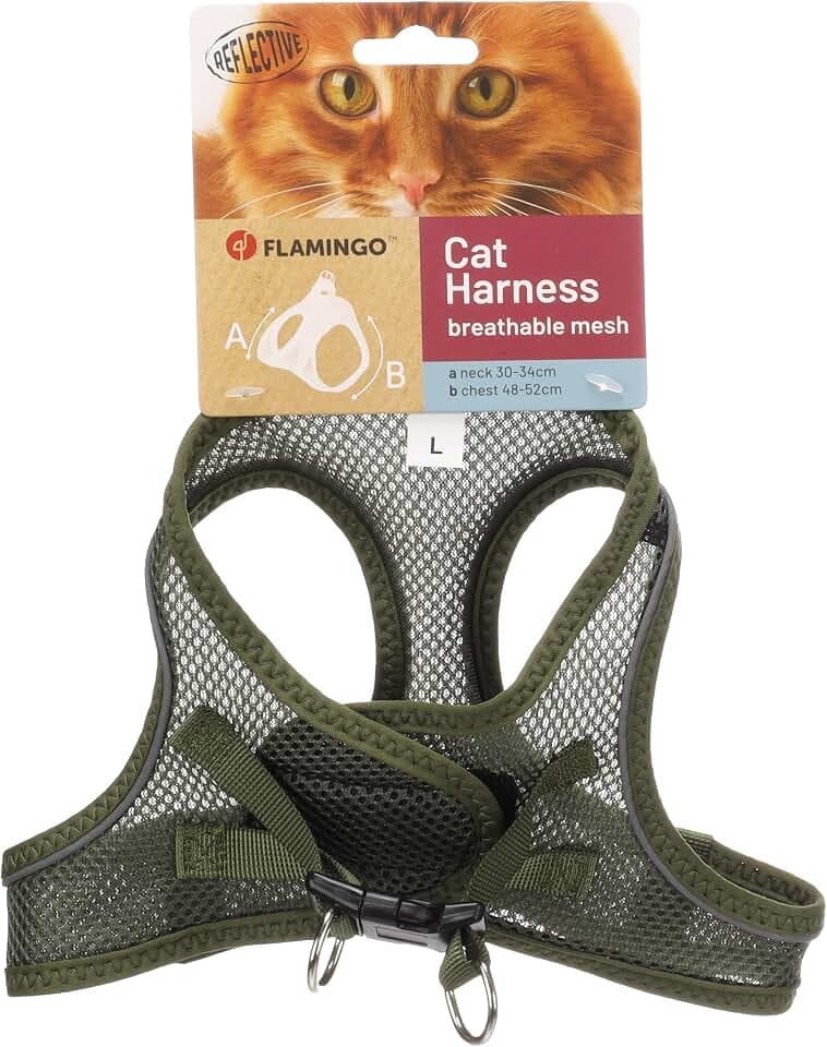 katzengeschirr - Step&Go Berta kaki L - 30-34 cm / 48-52 cm - Nylon mit atmungsaktivem mesh und reflektierenden Streifen