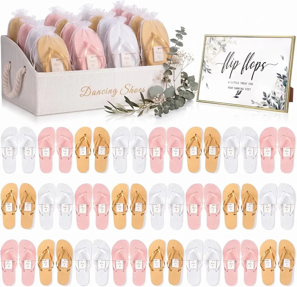 Geyoga 24 Pairs Wedding Flip Flops Bulk with Sign Shoes Basket