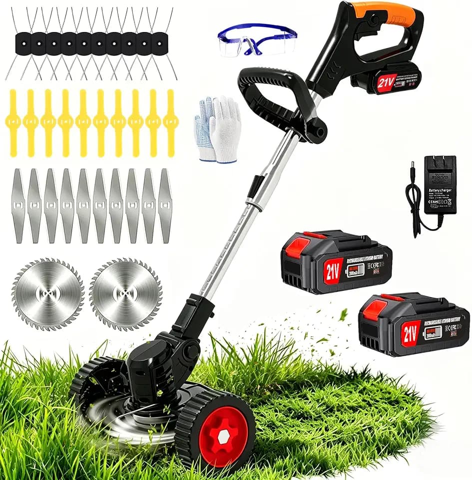 Cordless Electric Weed Wacker, 3-in-1 Stringless Electric Eater Battery Powered Grass Trimmer Lawn Edger Brush Cutter, Lightweight Portable Weed Trimmer with 4 Blades & Wheels for Yard Lawn Garden
