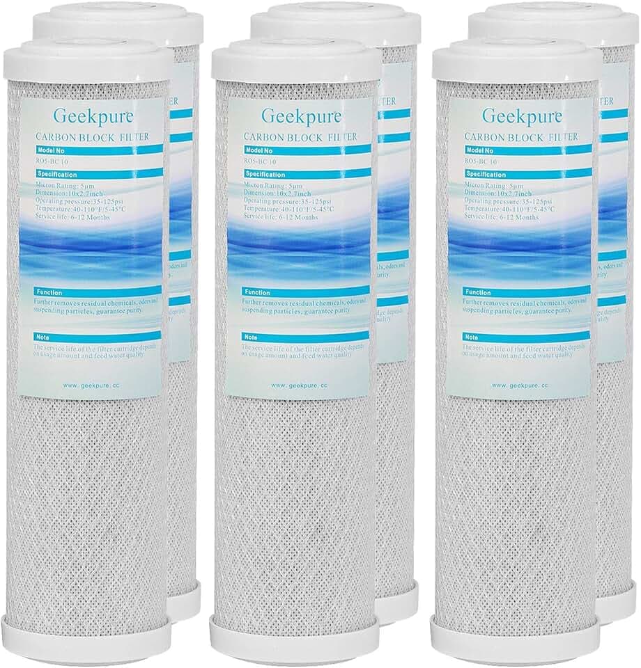 Geekpure 10 Zoll Kohlenstoff Block Aktivkohleblock Ersatzfilterpatrone für Umkehrosmoseanlage - 2,5" x 10"- Pack 6-5 Mikron