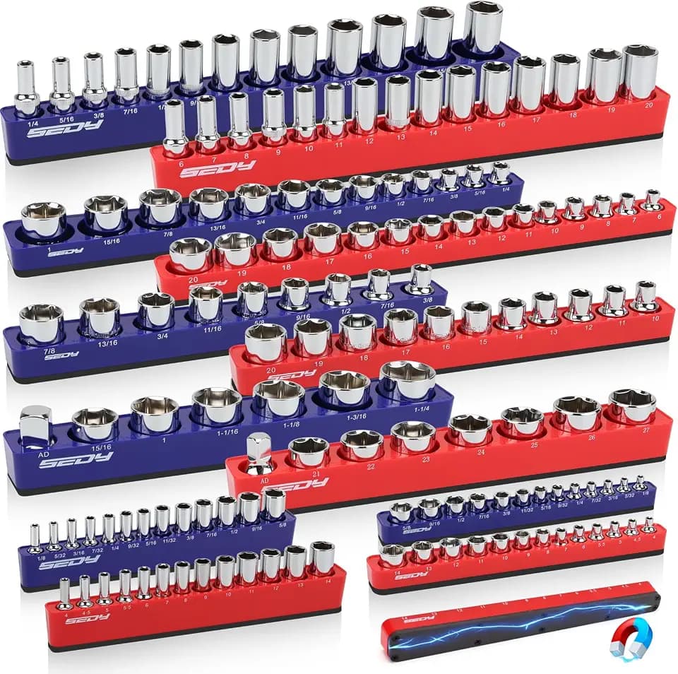 SEDY 12-Piece 1/4" 3/8" 1/2"-Drive SAE & Metric Magnetic Socket Organizer Set (Holds 143 Sockets) -Detachable Tool Tray with 5mm Magnetic Base for Garage/Home(Sockets Not Included)