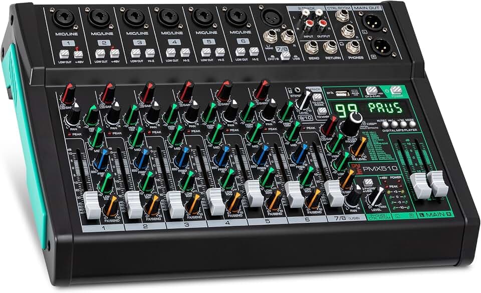 Pyle 10 Channel Audio Mixer - 6 XLR Combo Mic Inputs, Bluetooth Studio Mixer/DJ Controller with DSP Digital Effects, USB-A In with MP3 Player, PC Recording, LED Level Meter, Smooth Dials and Faders