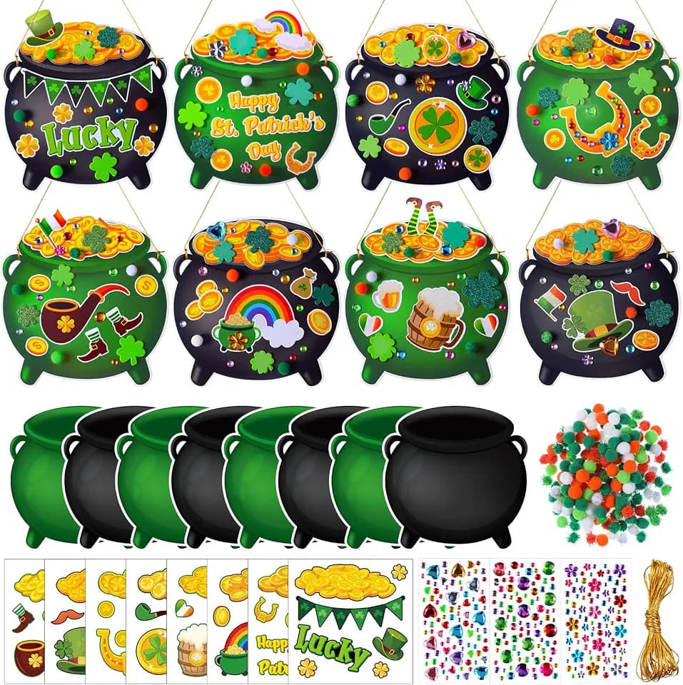 Funrous 48 Sets Crafts Kit Paper Crafts DIY Make Your Own Hanging Ornaments with Pompoms Diamond Stickers for Holiday Classroom Activities Party Favors, St. Patrick's Jar