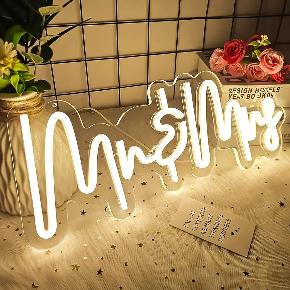 Mr and Mrs Neon Sign for Wedding Dimmable Mr Mrs Neon Signs Led Neon Sign for Party 16.2''x6.3'’ Neon Light Sign Mr & Mrs Sign for Anniversary Valentine's Day Wall Decor Gift Warm White