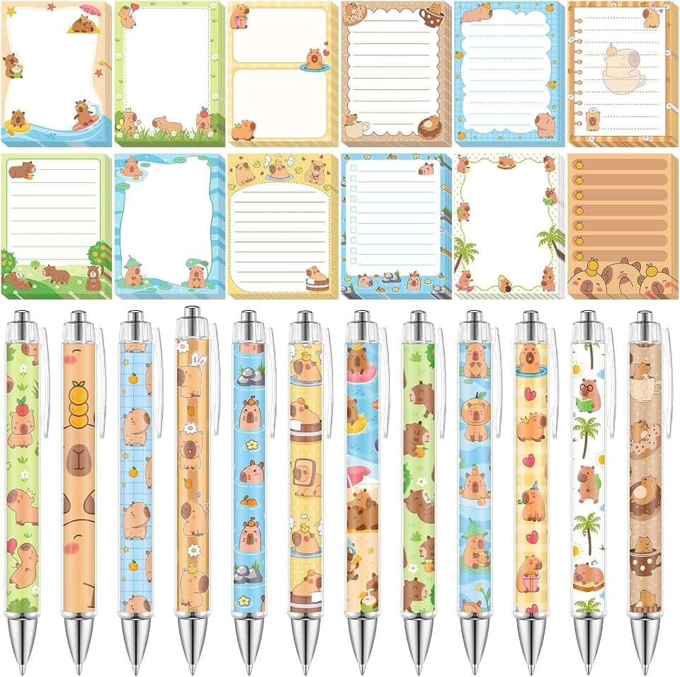 Dispowreath 24 Pcs Capybara Sticky Notes with Pens Christmas Cute Cartoon Self Adhesive Notepad Capybara Lover Gifts Black Ink Ballpoint Pen for Office Teacher Supplies Birthday Party Favors