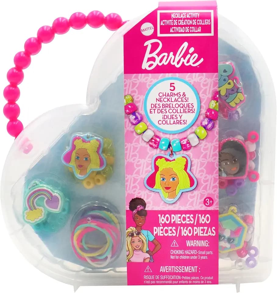 Tara Toys Barbie Necklace Activity Set – 160-Piece DIY Jewelry & Bead Kit with 5 Silicone Necklaces, 150+ Beads & Character Charms, Creative Craft Toy for Kids Ages 3+
