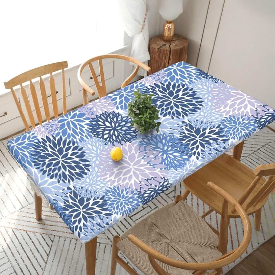 Fiokroo Blue Grey And Navy Chrysanthemum Flowers Tablecloth With Elastic Edge For 5ft Rectangle Table, Table Cloth Washable Table Cover For Kitchen Dining Party Outdoor Picnic Decoration, 60"L X 30"W