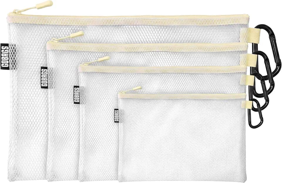 GOBAGS Air Production Multi-Size Clear Zipper Pouch (4-Pack) – Cable Organizer & Travel Gear Bag for Electronics, Camera Accessories, Tool Pouch & Small Tech Storage (Dune)