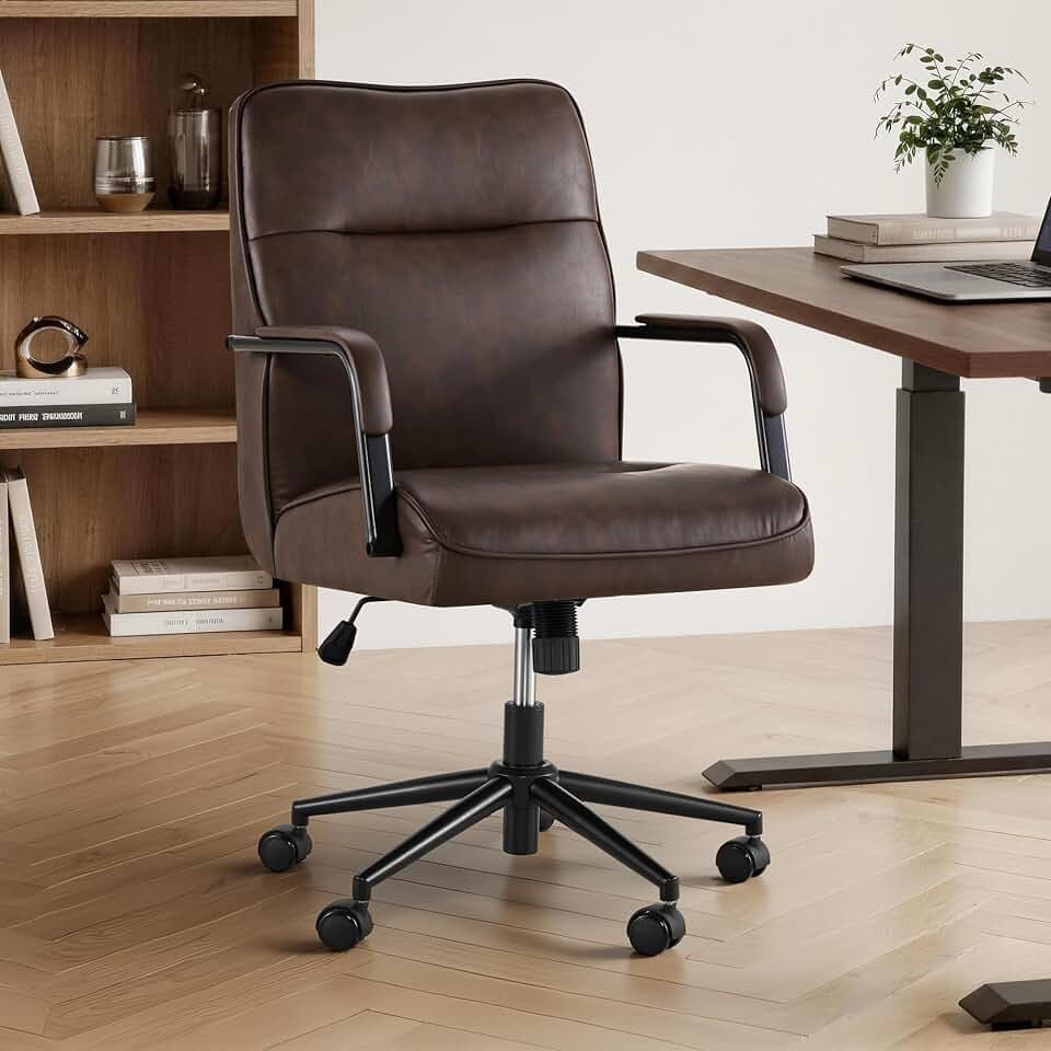 KISLOT Ergonomic Home Office Chair with Lumbar Support, Adjustable Swivel Modern Desk Chair with Wheels, Faux Leather Computer Chair with Padded Arms, Comfy Executive Office Chair, Espresso