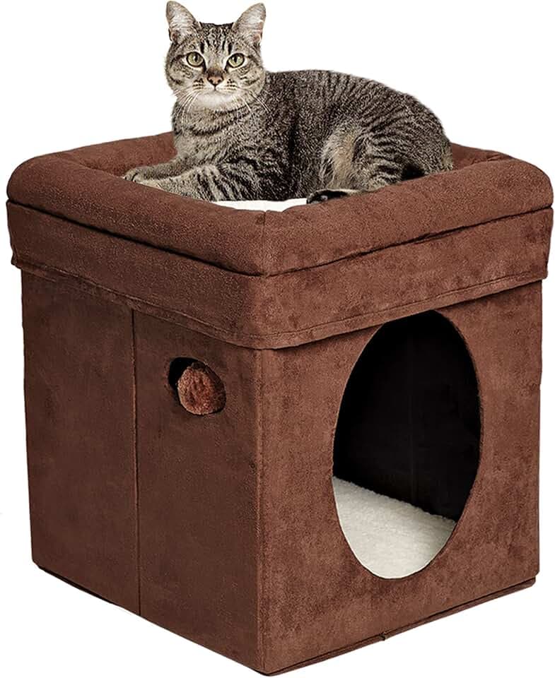 MidWest Homes for Pets Feline Nuvo Curious Cat Cube, Foldable Pet Hideout with Toy, Bolstered Bed Top, Faux Brown Suede, Synthetic Sheepskin