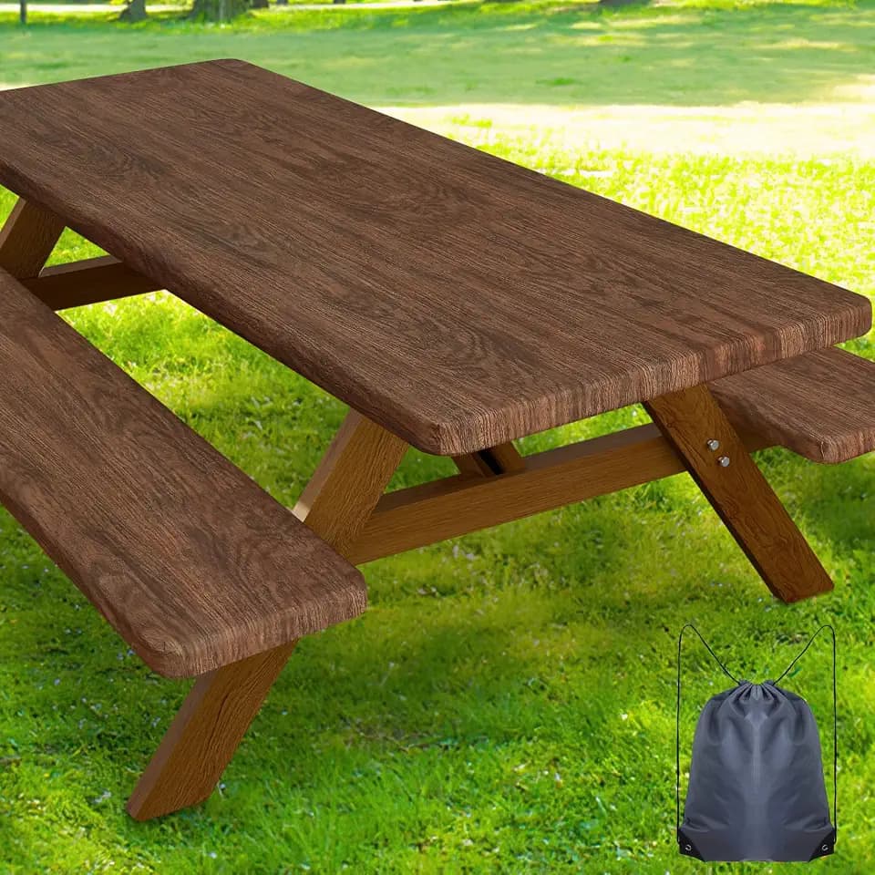 Smiry Picnic Table Cover with Bench Covers, Waterproof Elastic Fitted Tablecloth for 5 Foot Tables, Washable Polyester Tablecloths for Camping, Indoor & Outdoor (Brown, 30x60 Inch 3-pc Set)