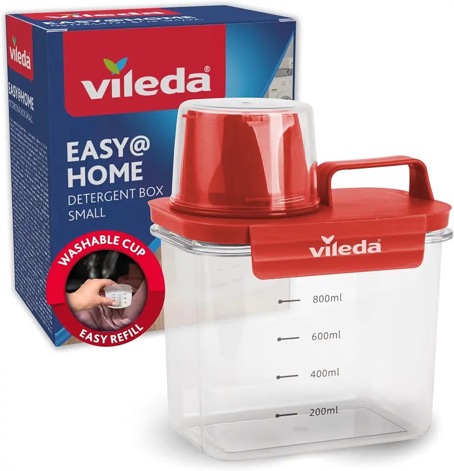 Vileda Waschmittelbox 1100ml rot - Praktische Aufbewahrungsbox für Waschpulver & Flüssigwaschmittel - Inklusive Messbecher für präzises Dosieren - Luftdichte & Platzsparende Waschpulverbox