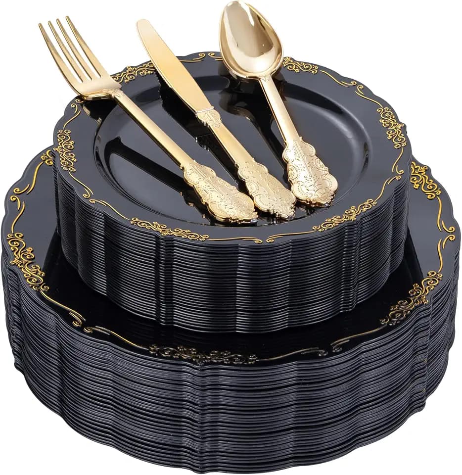 DaYammi 150Pcs Black Gold Plastic Plates & Gold Plastic Silverware Set