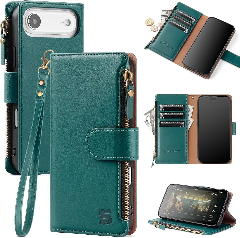 Shieldtop for iPhone 17 Air Wallet Case with Card Holder,Blue Green