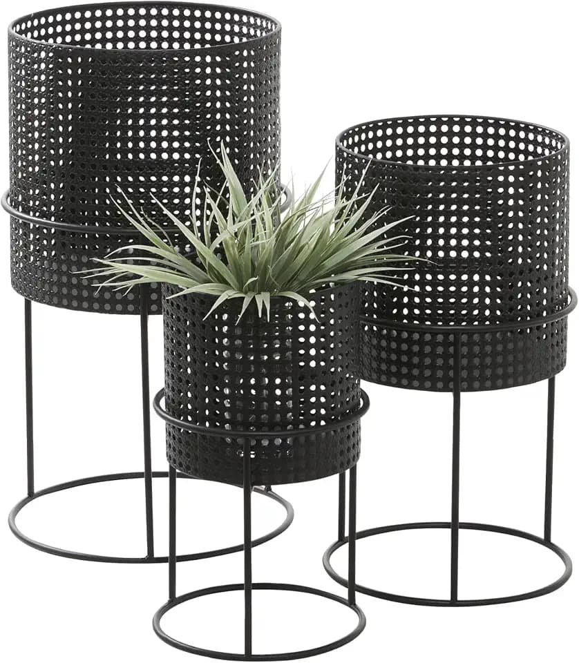 CosmoLiving by Cosmopolitan Metal Indoor Outdoor Planter Geometric Cutout Large Planter Pot with Circular Removeable Stands, Set of 3 Planters 23", 19", 15"H, Black