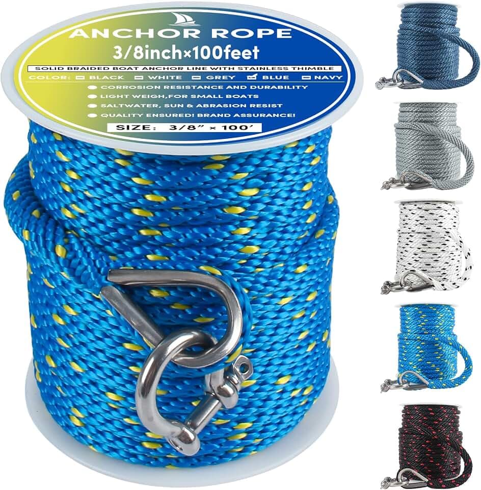 Premium Anchor Rope 100 ft x 3/8 inch, Solid Braid MFP Anchor Line Boat Rope with Thimble & Shackle - Blue/Yellow