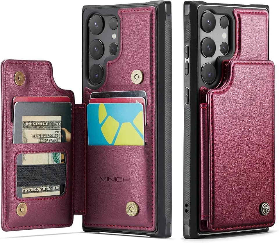 Vinich for Samsung Galaxy S23 Ultra Wallet Case with Card Holder, Wine Red