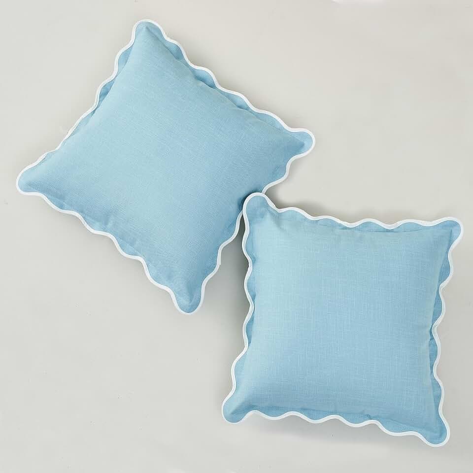 Scalloped Pillow Covers Set of 2 for Living Room | Spring Decorative Sofa Couch Pillows | Boho Sytle Decorative Home | Aesthetic Funky Preppy Pillow Cases (Blue, 20x20 Inch)