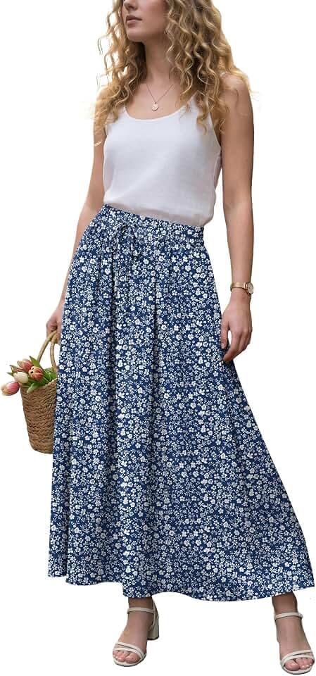 GRECERELLE Damen Rock Sommer Langer Boho Röcke A-Linie Sommerrock Elegant Maxirock Strandkleider Long Flowy Skirt mit Tasche Leicht und Luftig