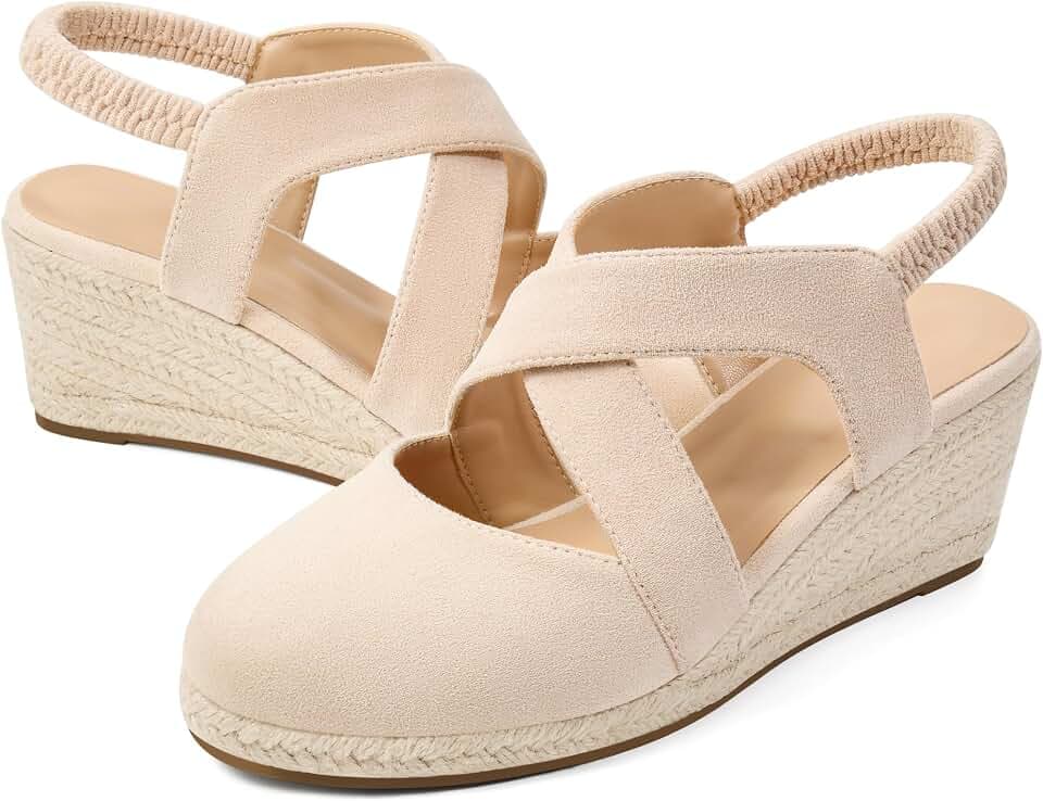 HARENCE Espadrilles Wedge Sandals for Women: Comfortable Closed Toe Ankle Strap Elastic Shoes Summer Dressy Platform Heels