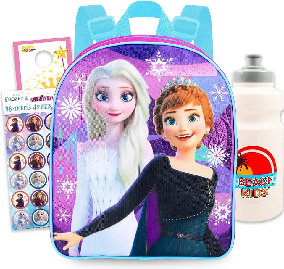 Disney Frozen Mini Backpack for Kids - Bundle with 12” Canvas Elsa and Anna Bag with Water Bottle, Stickers, More | Frozen Backpack Purse Set for Girls, Boys