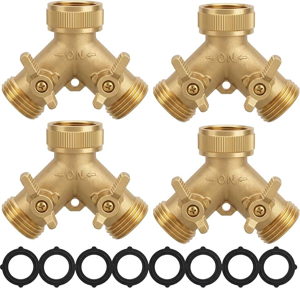Hourleey Brass Garden Hose Splitter (2 Way), Solid Brass Hose Y Splitter 2 Valves with 2 Extra Rubber Washers (4 Pack)