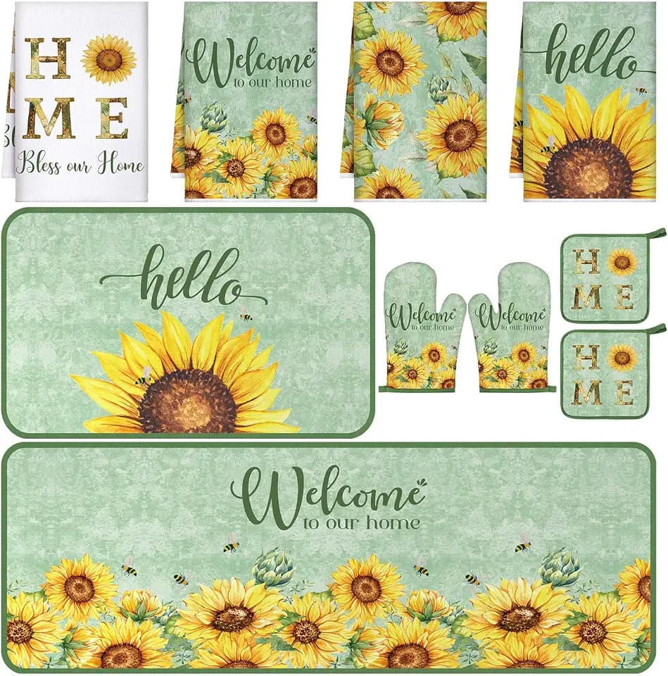 Fourluoo 10 Pcs Sunflower Kitchen Decor Set Dish Towels Kitchen Rugs Oven Mitts and Pot Holders Green Decor Set for Cooking Baking Grilling Women Mom Gift