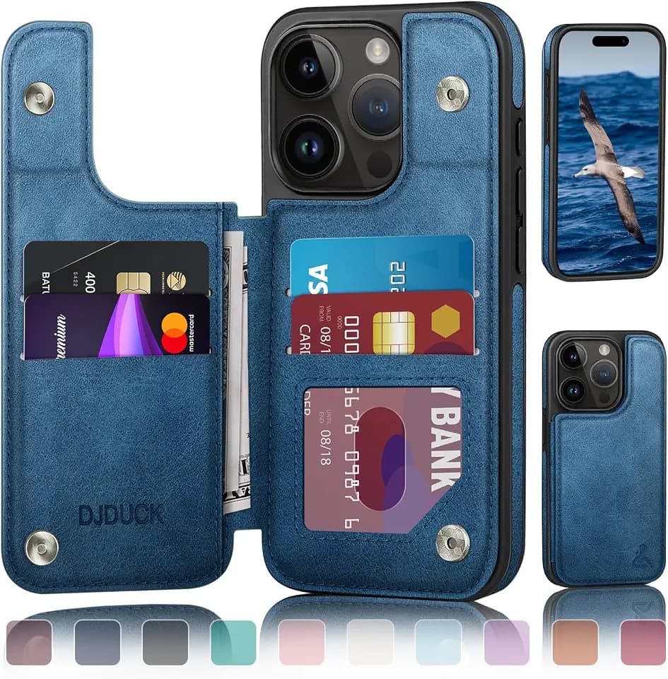 DJDUCK Designed for iPhone 15 Pro Max Case Wallet with Card Holder, [Magnetic Clasp Cover][RFID Blocking Leather Protection] Shockproof Women Men Cases 6.7 Inch for Apple 15 ProMax Bright Blue