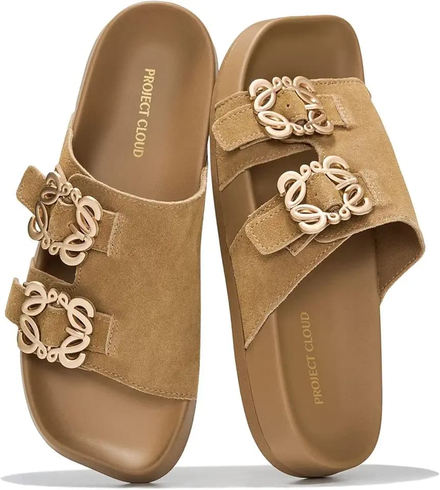 Project Cloud 100% Genuine Leather Flat Sandals for Women Slides for Women