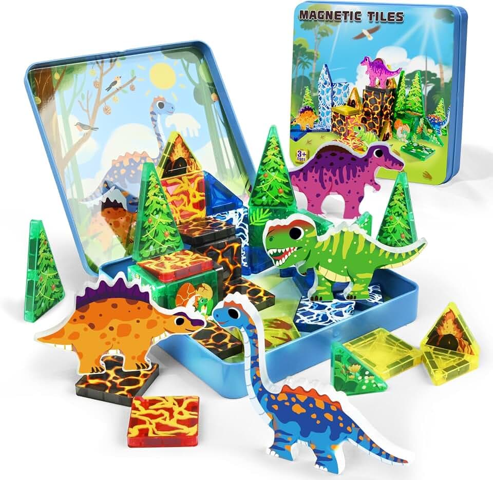 36pcs Mini Magnetic Tiles Dinosaur Travel Set, Stocking Stuffers for Kids, Creative Travel Toys Dinosaur Magnetic Tiles for Toddlers, Magnet Building Travel Blocks for Boys Girls