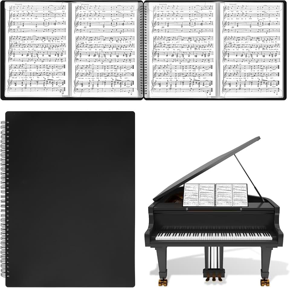 HIMOMO A4 Notenmappe 4 Seiten, Erweitern, 30 Taschen/60 Seiten Wasserdicht Music Sheet Chormappe, Notenmappe für Notenblätter Schwarz für Notenblätter, Gemälde, Dokumente (216 x 279 mm)