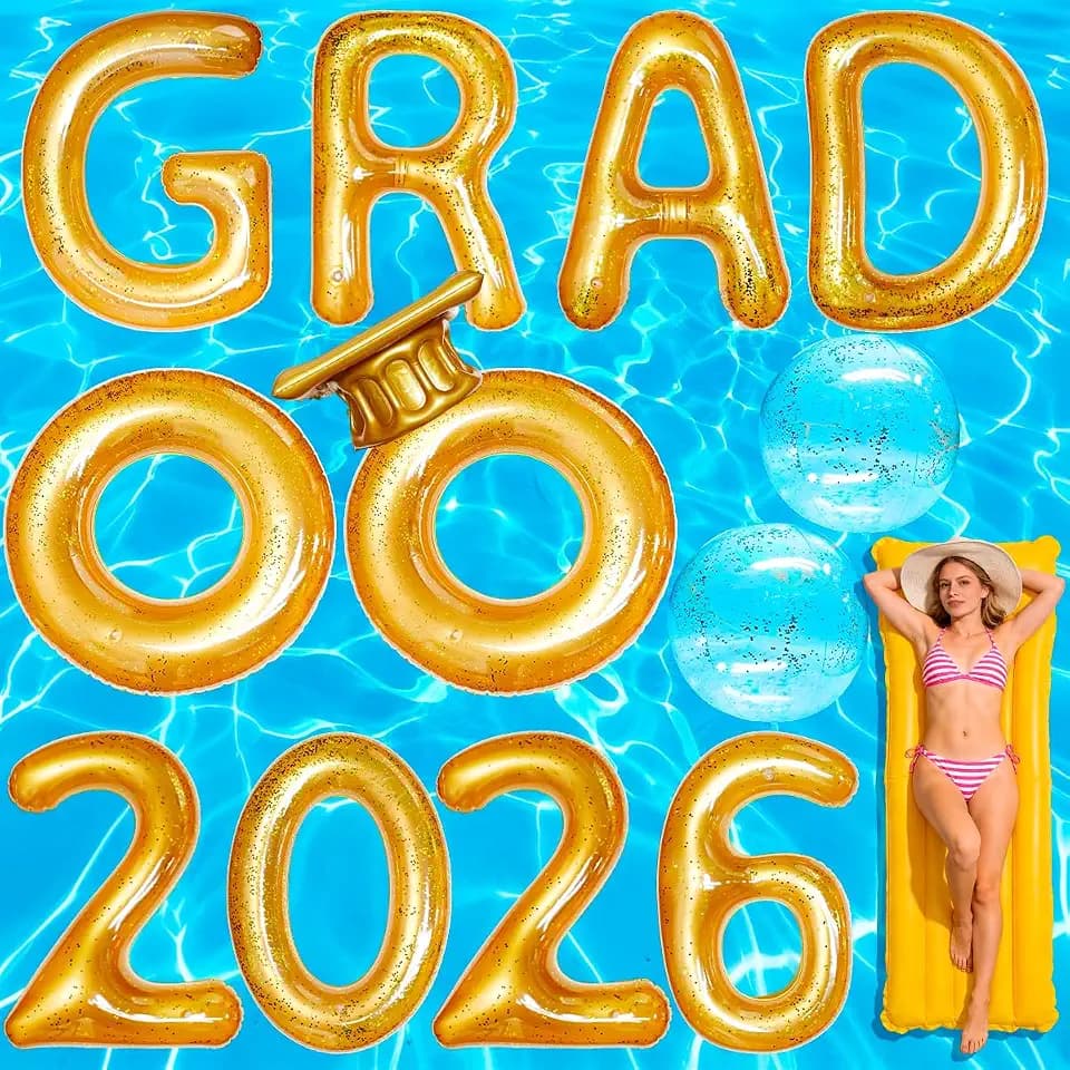 Piemow 2026 Pool Graduation Decorations - 14 Pcs Glitter Inflatable Float Letters & Beach Balls, Adult Grad Party Supplies for Class of 2026 Swimming Pool Celebrations