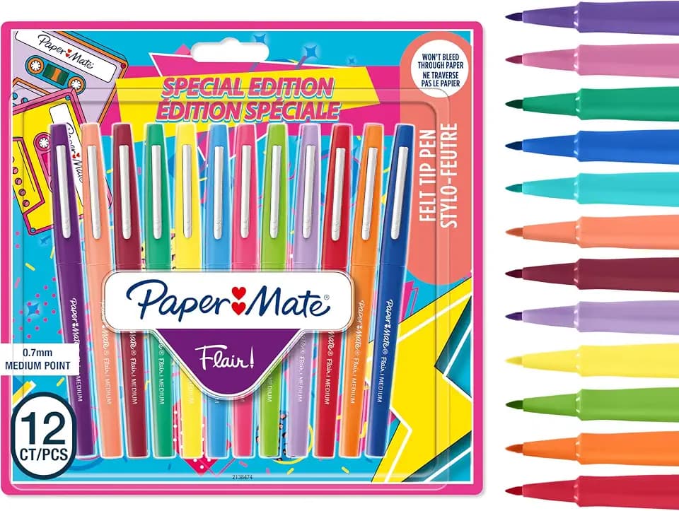 Paper Mate Flair Filzstifte | mittlere Spitze (0,7 mm) | gemischte Retrofarben | Marker-Stifte für Kinder und Erwachsene zum Ausmalenfür Tagebücher und mehr | 12 Stück