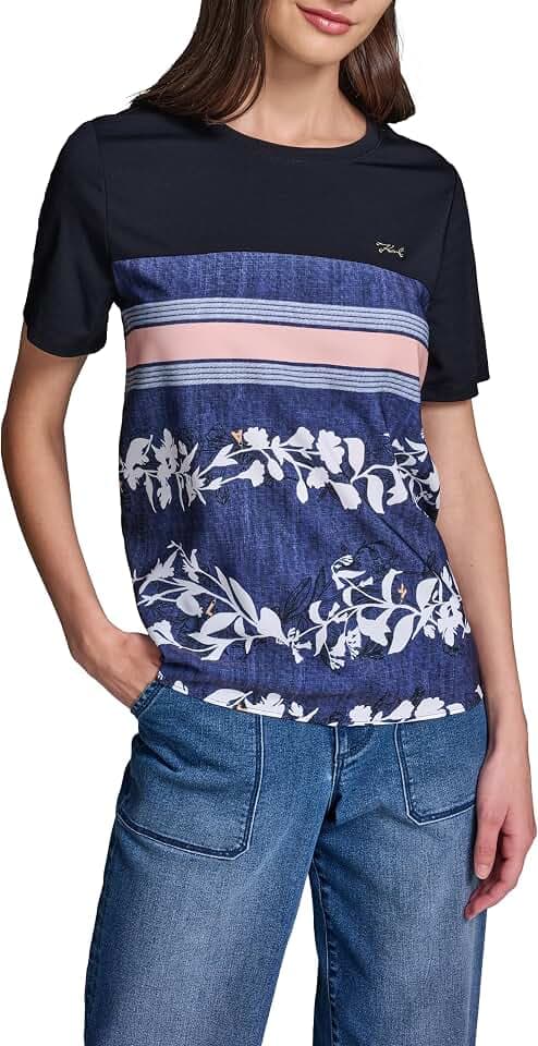 Karl Lagerfeld Women's Combo Top Floral Print Lightweight Blouse