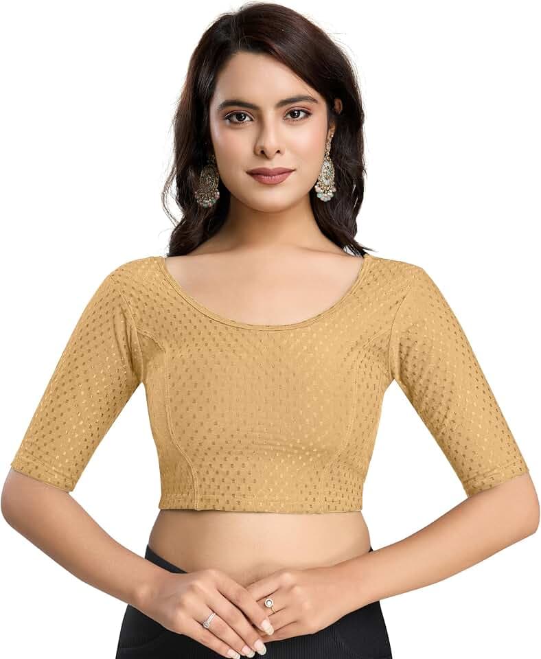 TRENDMALLS Women's Dobby Pure Cotton Stretchable Readymade Elbow Length Sleeves Saree Blouse Ready to Wear