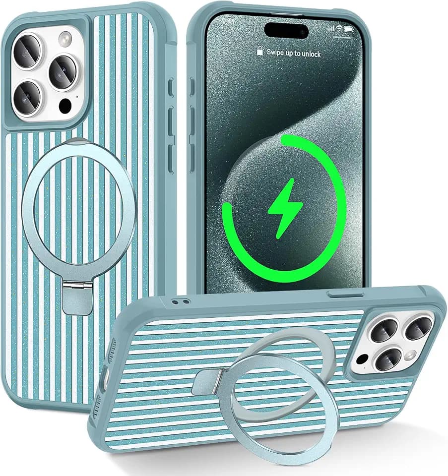 CHAOFEnG Compatible with iPhone 15 Pro Max Case with Stand, Striped Green