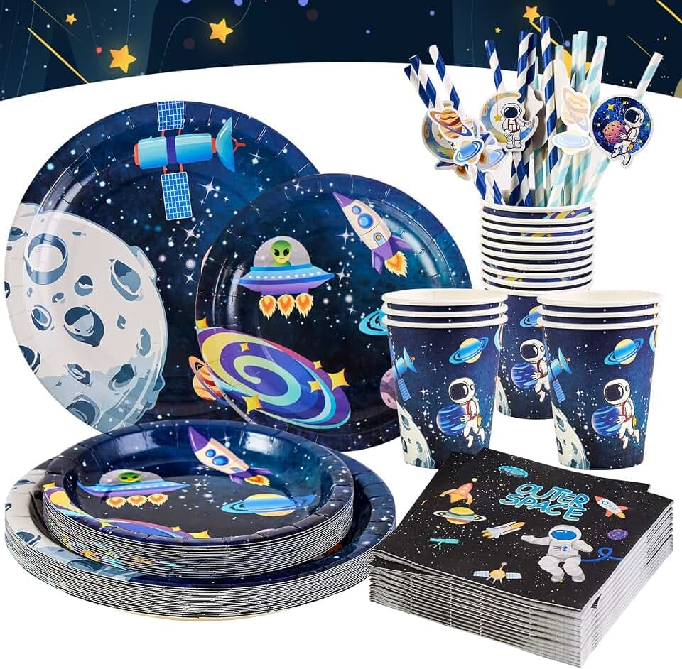 EASY JOY Weltraum deko Partygeschirr, 96 Stück Pappteller Pappbecher Strohhalme Gewebe Geburtstagsdeko Sonnensystem Space Astronauten Planet für Jungen Kindergeburtstag Dekoration