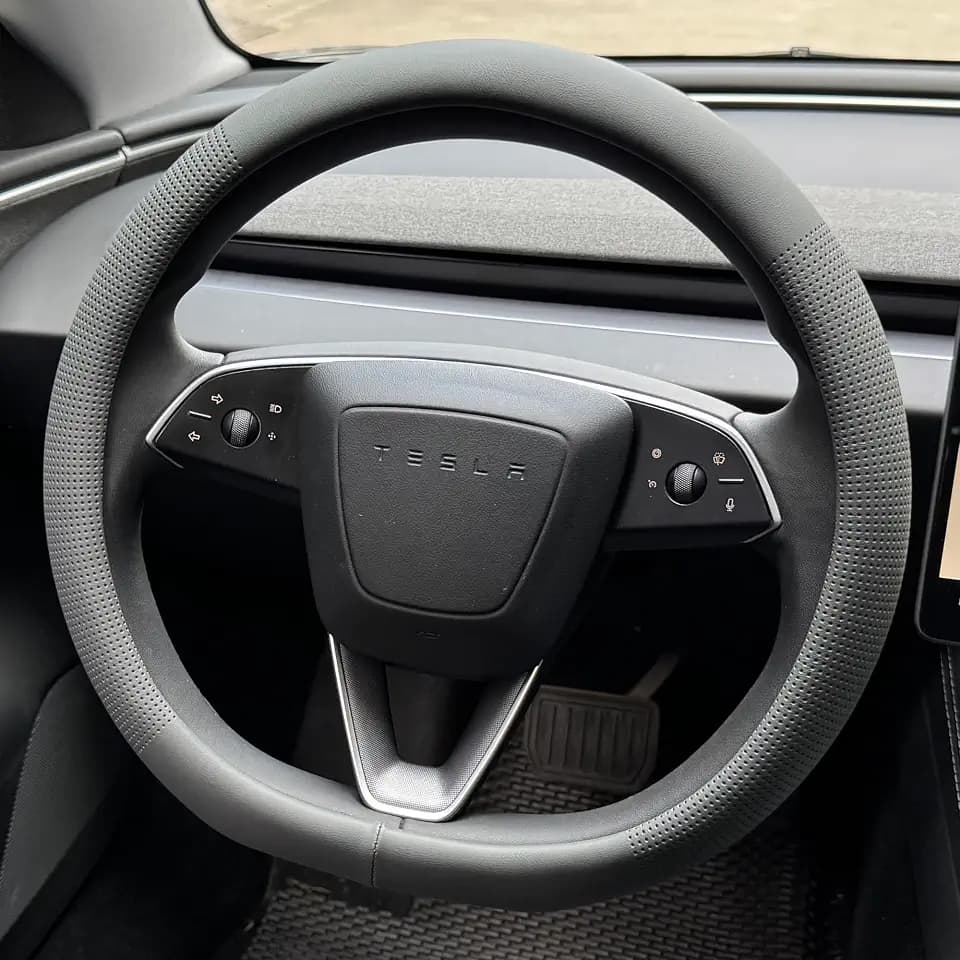 PINCTROT Nappa Leather Steering Wheel Cover for Tesla Model Y/3 Dark Gray