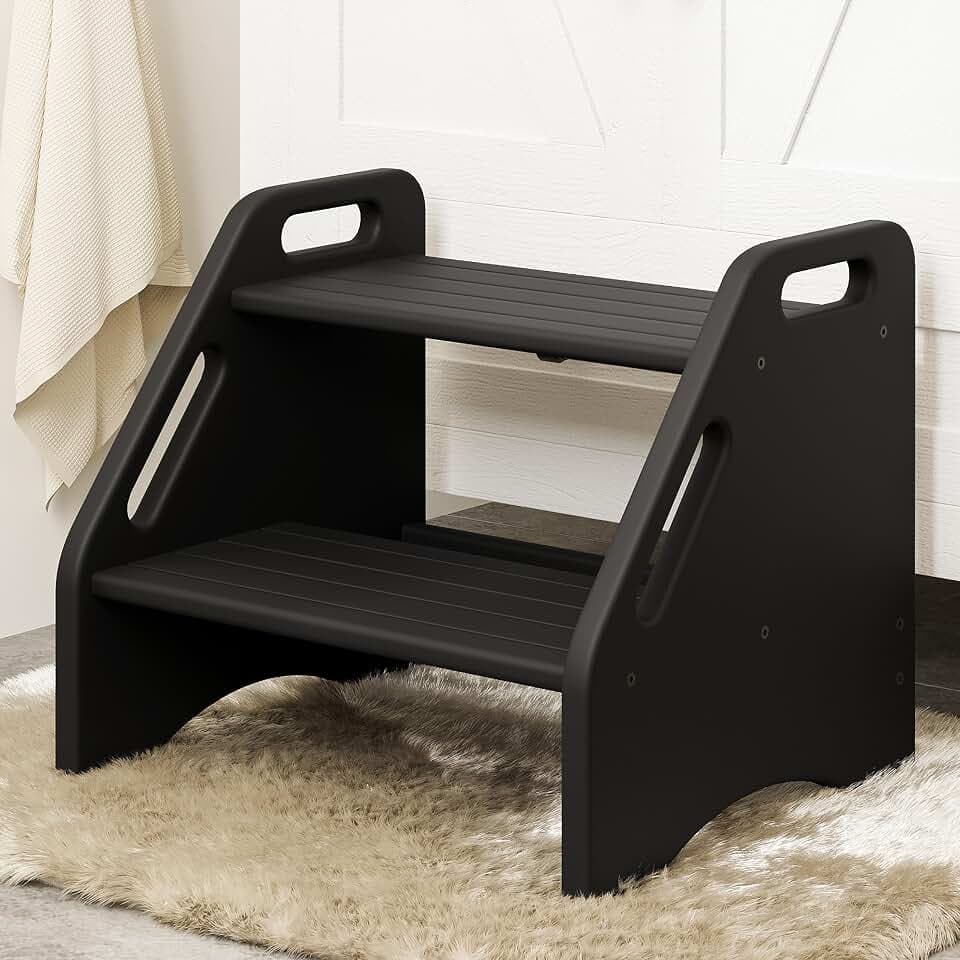 AMBIRD Wooden Step Stool - Two-Step 300 lbs Capacity With Safety Non-Slip Pads and Handles, Bamboo for Bathroom, Kitchen, Dual Height for Adults (Black)