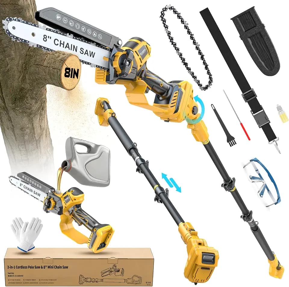 Ecarke 2-IN-1 Cordless 8-Inch Electric Pole Saw & Chainsaw Compatible with Dewalt 20V Battery, Brushless Tree Trimmer with Extension Pole, 16FT Max Total Reach (Tool Only)