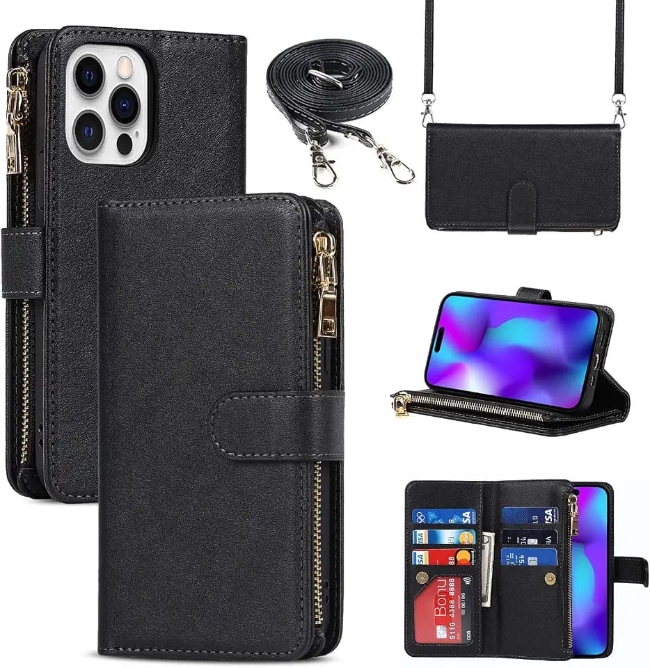 Cavor for iPhone 14 Pro Wallet Case for Women Men,Phone Case for iPhone 14 Pro Crossbody Case with Strap and Stand,iPhone 14 Pro Case Wallet with Card Holder,Leather Shockproof Cover,Black