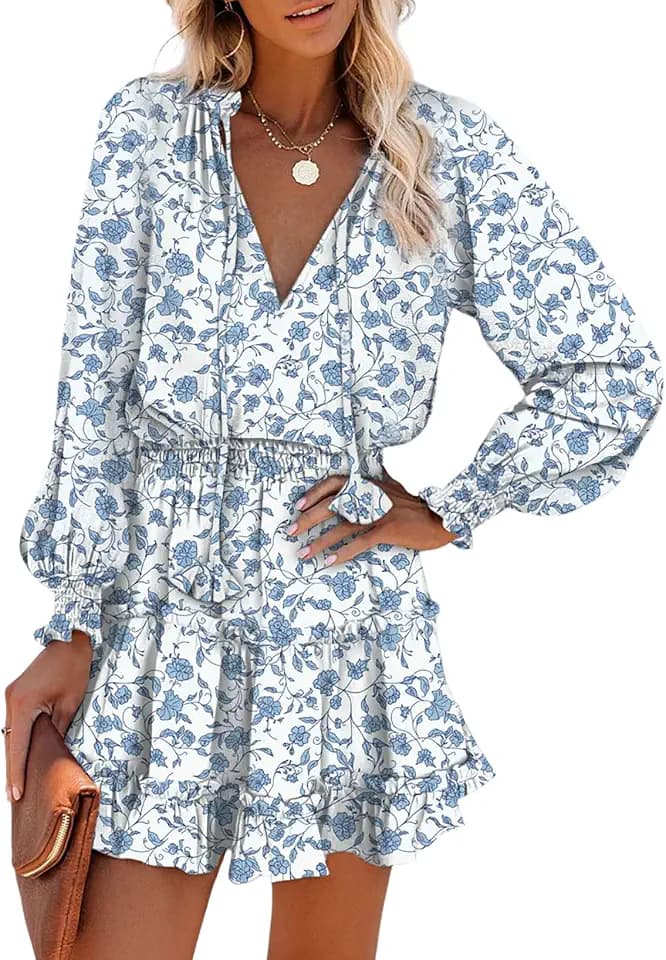 Dokotoo Spring Dresses for Women 2026 Boho Floral Drawstring V Neck Smocked Long Sleeve Ruffle Tiered Chiffon Mini Dress
