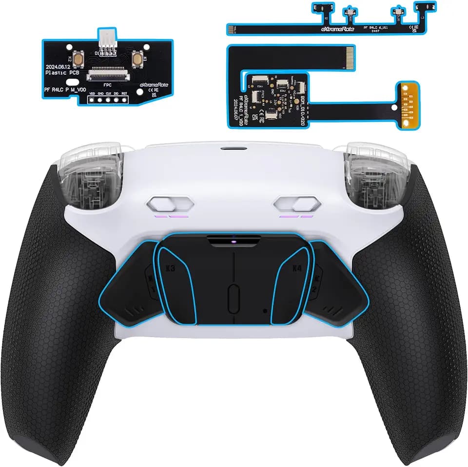eXtremeRate RISE4 Plus MAX Remap Kit für ps5 Controller BDM-010/020, Re-Design Gummiert Griff Rückgehäuse&Back Paddles Aufsatz&Einstellbar Clicky Trigger Modul Kit für ps5 Controller-Schwarz Weiß