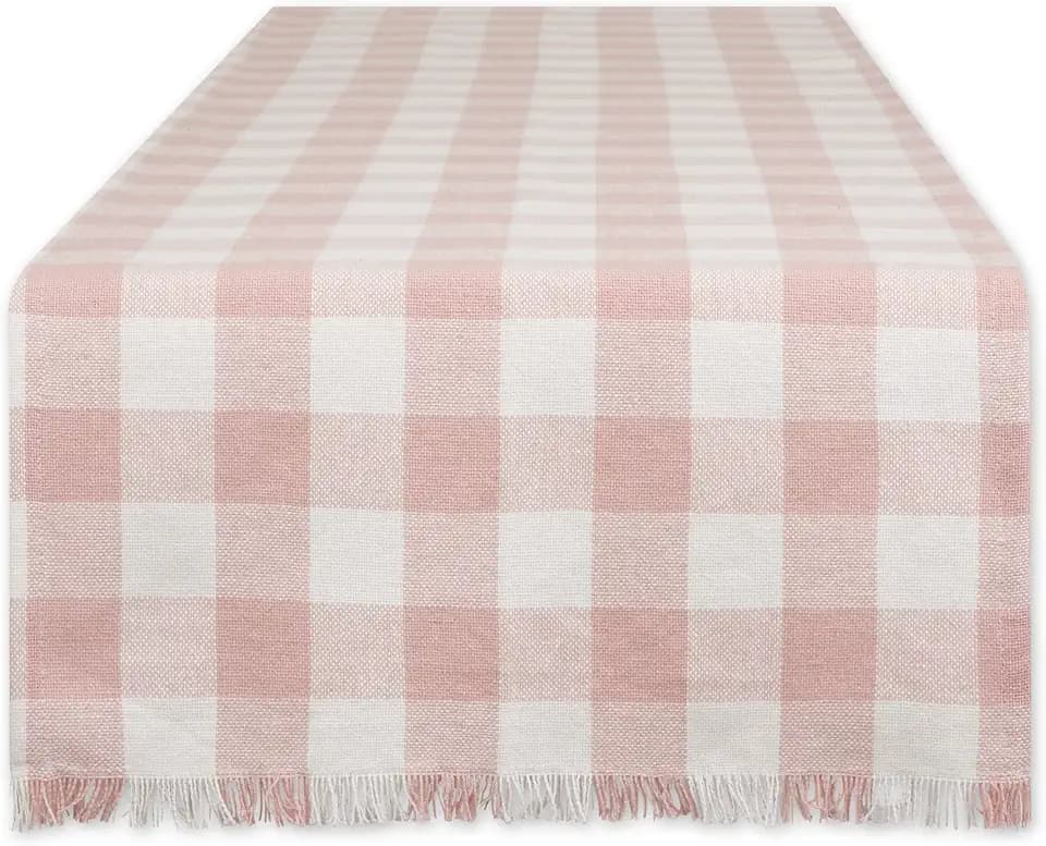 DII Fringed Check Tabletop, Table Runner, 14x72, Pale Mauve